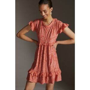 Anthropologie Ruffle Knit Mini Dress Peachy Pink Size M Fits Like L Relaxed Fit